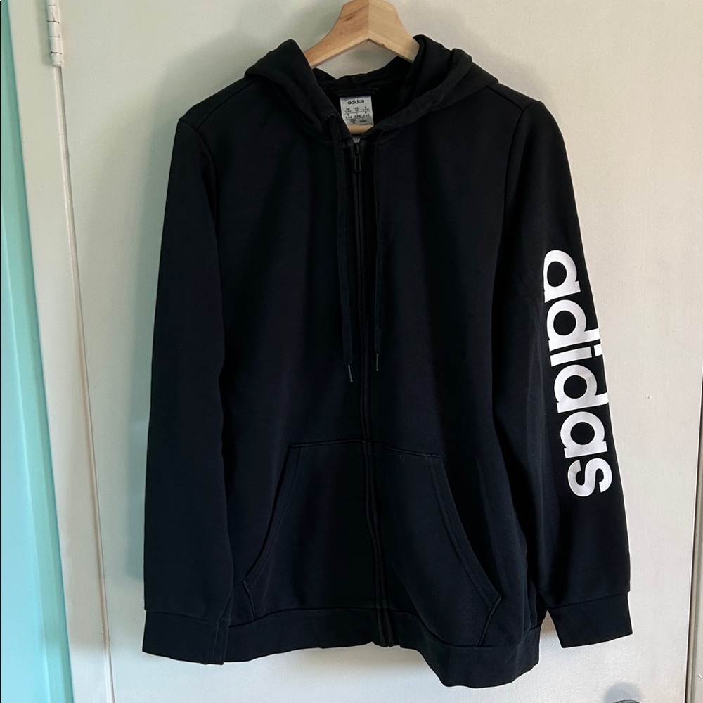 Adidas Black Zip-Up Hoodie with White Sleeve Logo
